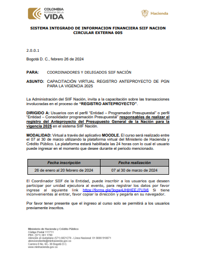 CAPACITACIÓN VIRTUAL REGISTRO ANTEPROYECTO DE PGN  PARA LA VIGENCIA 2025