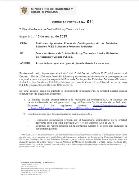 imagen CIRCULAR EXTERNA No 011 - Procedimiento operativo para el giro efectivo de los recursos
